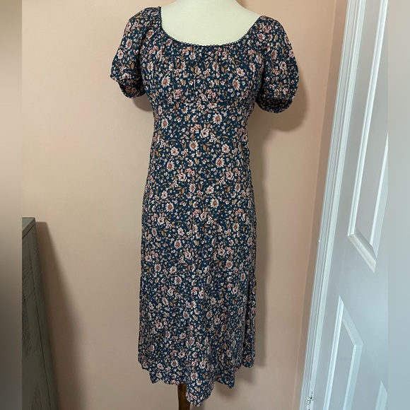 As U Wish Navy Floral Midi Dress w/ Open Back Tie S - Picture 2 of 7
